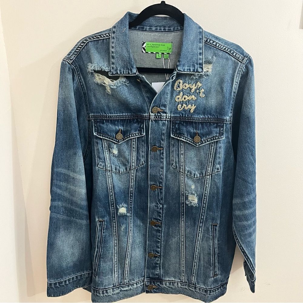 Sandrine Rose x Free People Distressed Embroidered Denim Trucker Jacket L NEW